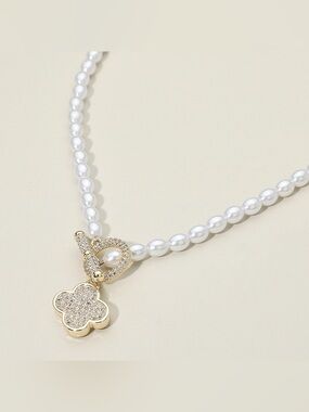 14K Gold Plated CZ Stone Paved Quatrefoil Pendant Toggle Pearl Necklace